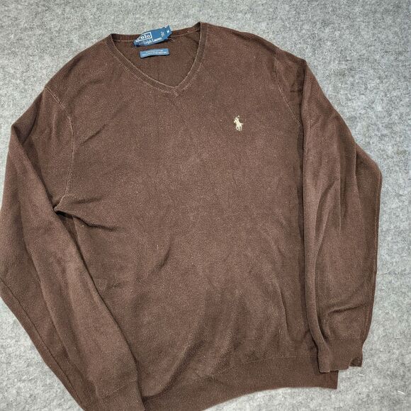 Polo Ralph Lauren PRL Mens M Medium 100% Pima Cotton Knit V Neck Sweater Brown - Picture 2 of 12